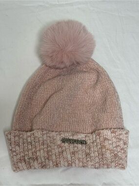 Madden NYC Pink Chenille Knit Faux Fur Pom Pom Beanie One Size